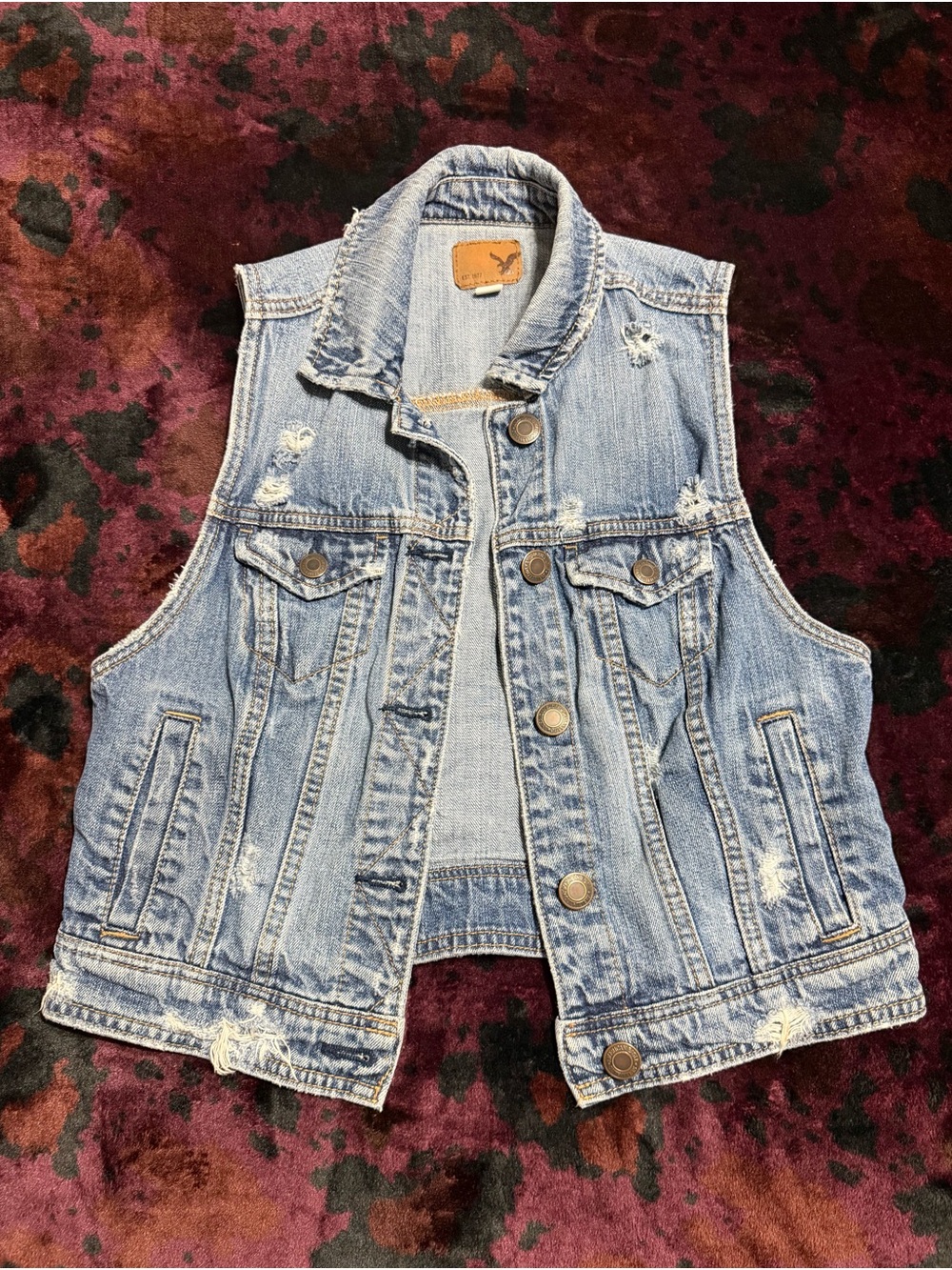 American Eagle Light Wash Distressed Denim Vest